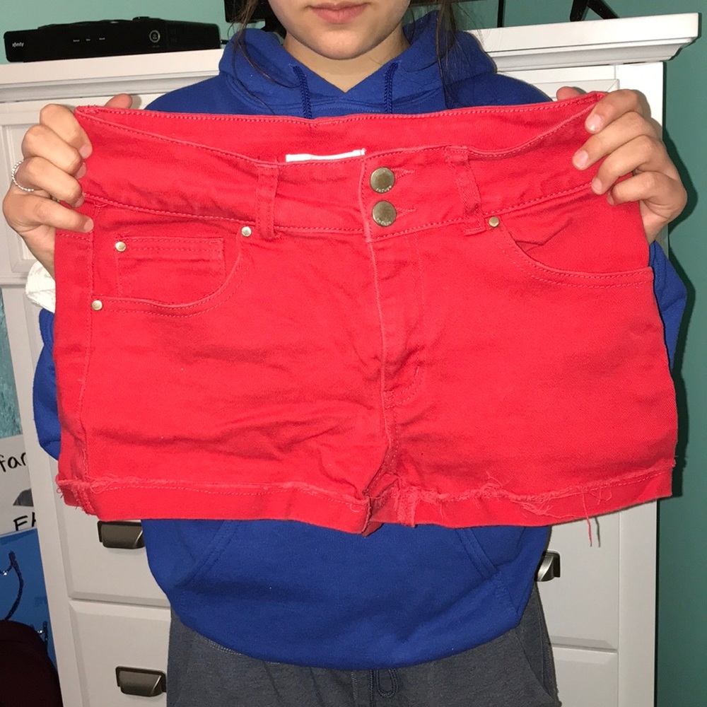 Red jean shorts
